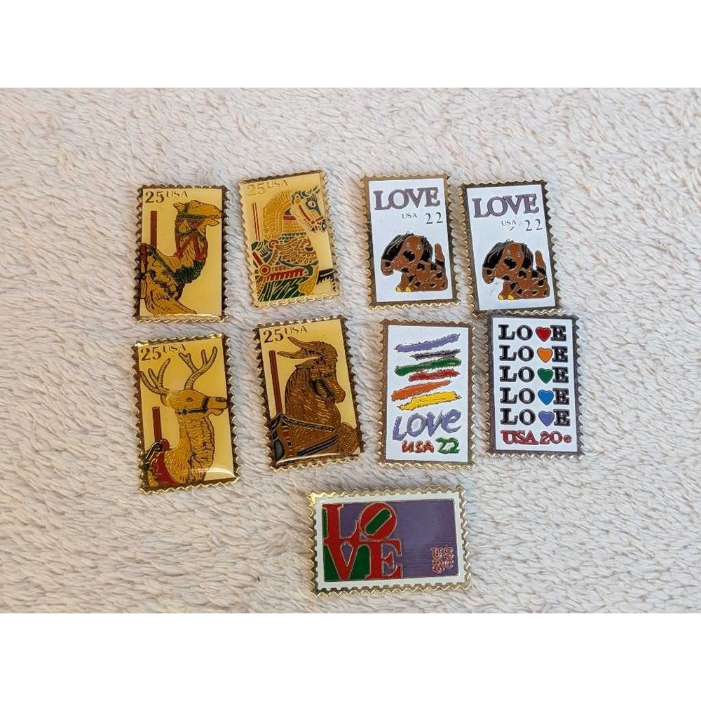 Golden Sunshine USPS Stamp Pins Lot Camel Horse Deer Goat Love Dogs